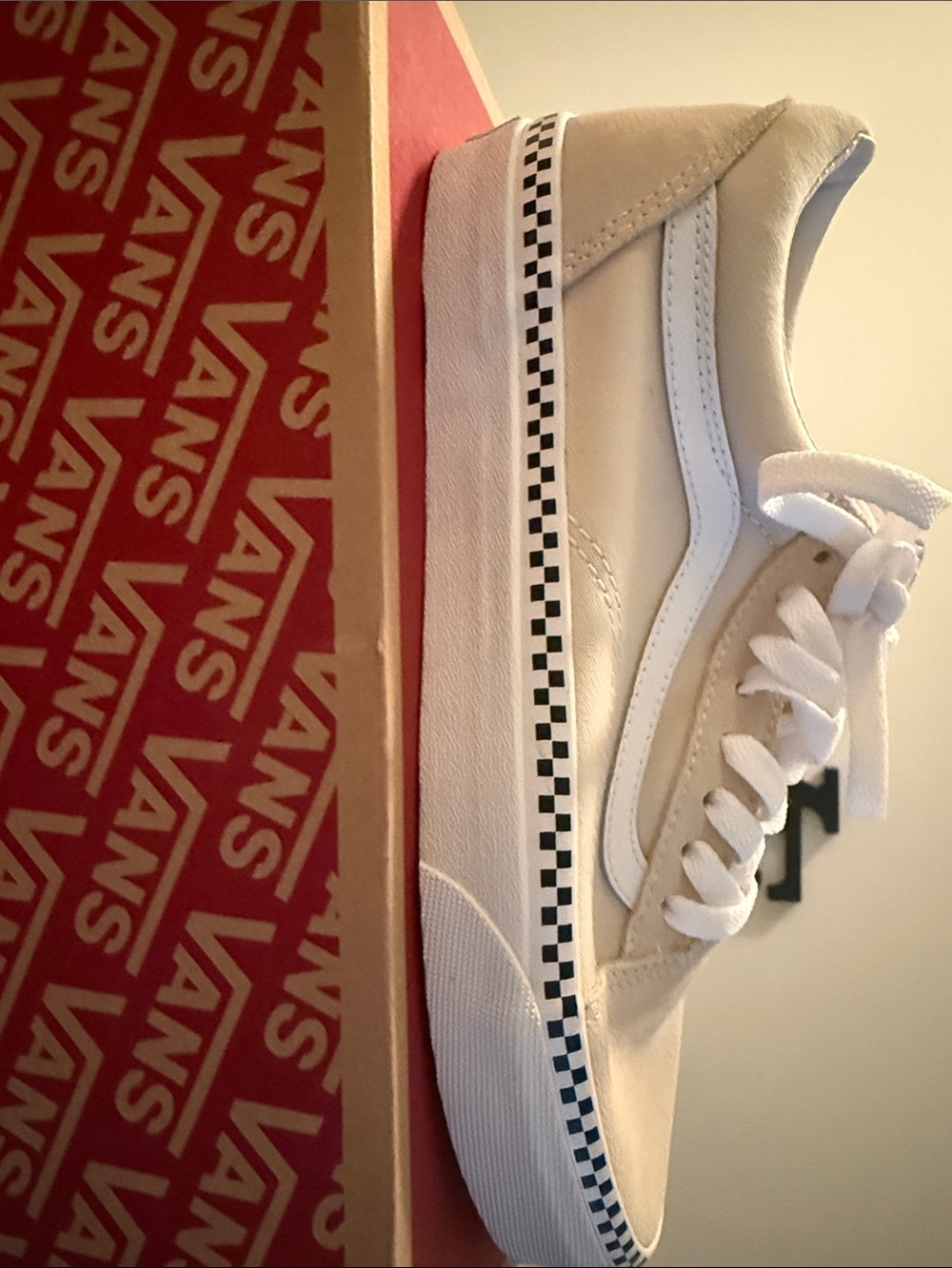 Vans Old Skool Sneakers in Beige and White with Checkerboard Midsole